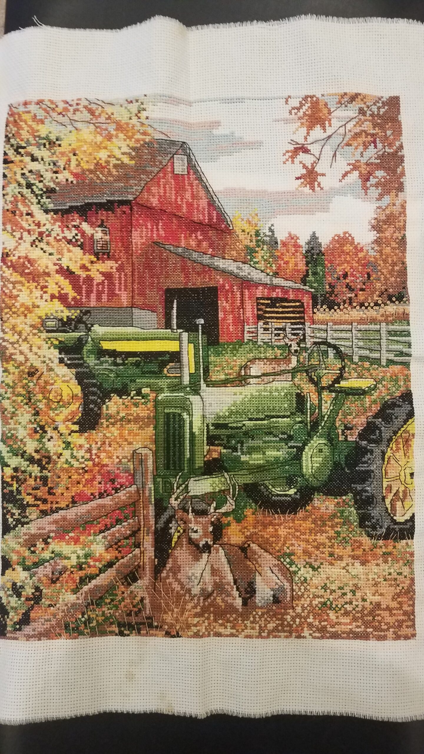 Cross-stitching Tractors and Deer